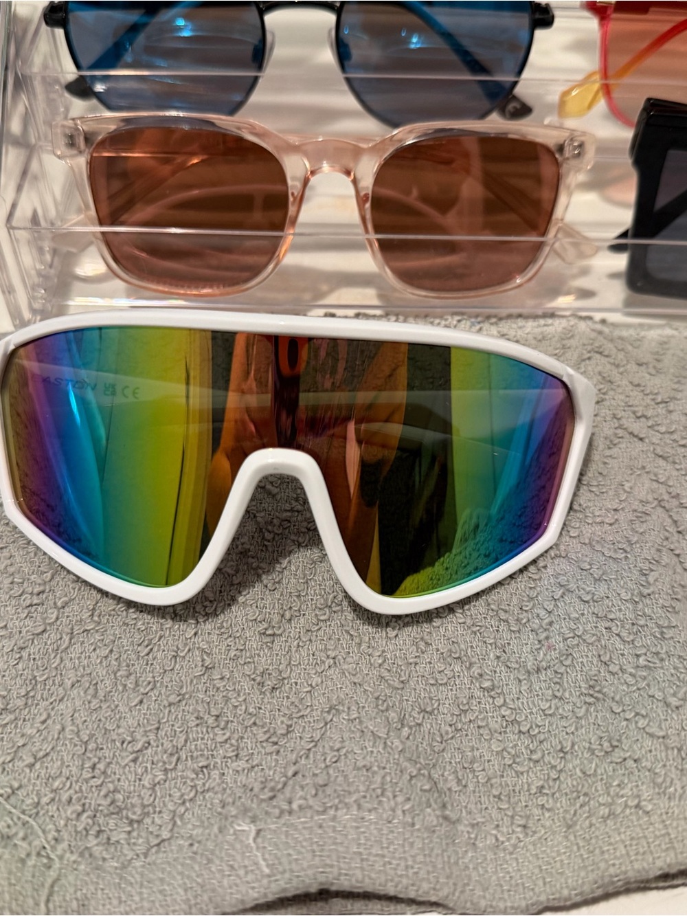 Easton White Frame Sports Shield Sunglasses with Rainbow Mirror Lens